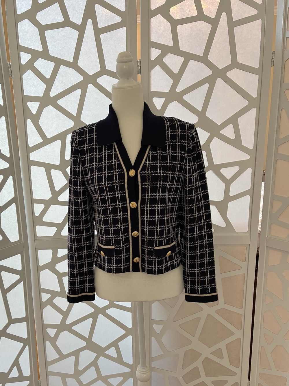 St. John Collection by Marie Gray.     Navy and White Windowpane Knit Blazer